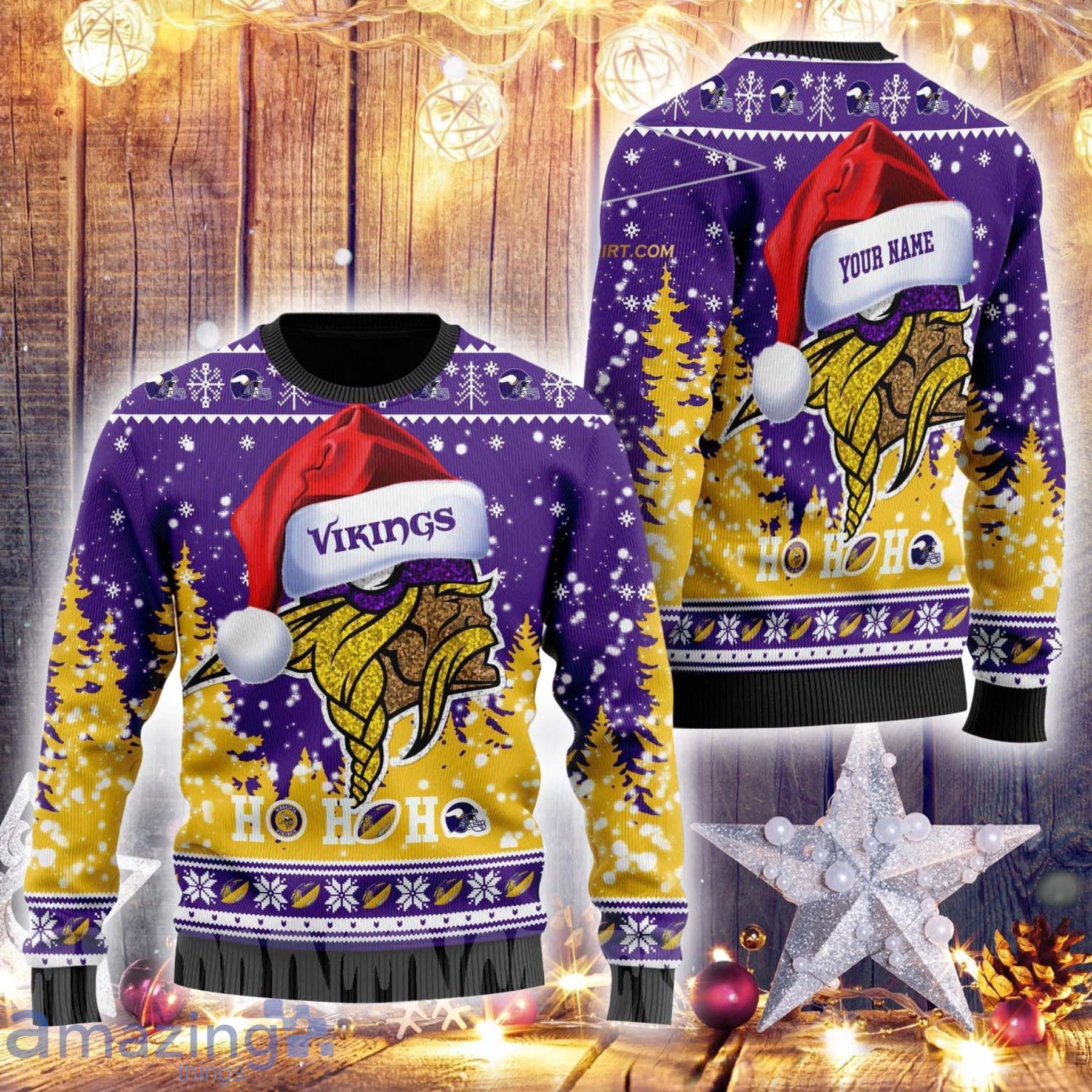 Minnesota Vikings Symbol Wearing Santa Claus Hat Ho Ho Ho Ugly Christmas Sweater Product Photo 1