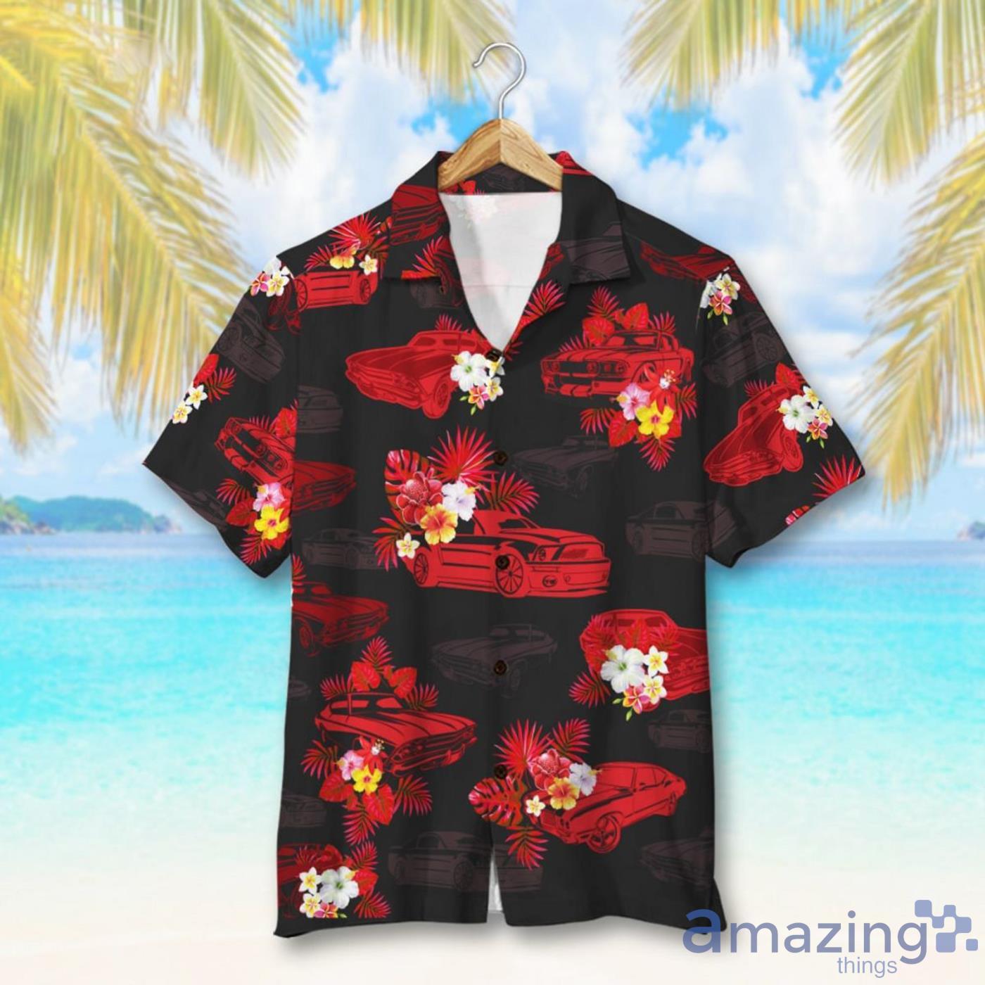 Muscle Car Anf Tropical Pattern Red Short Sleeves Hawaiian Shirt Product Photo 1
