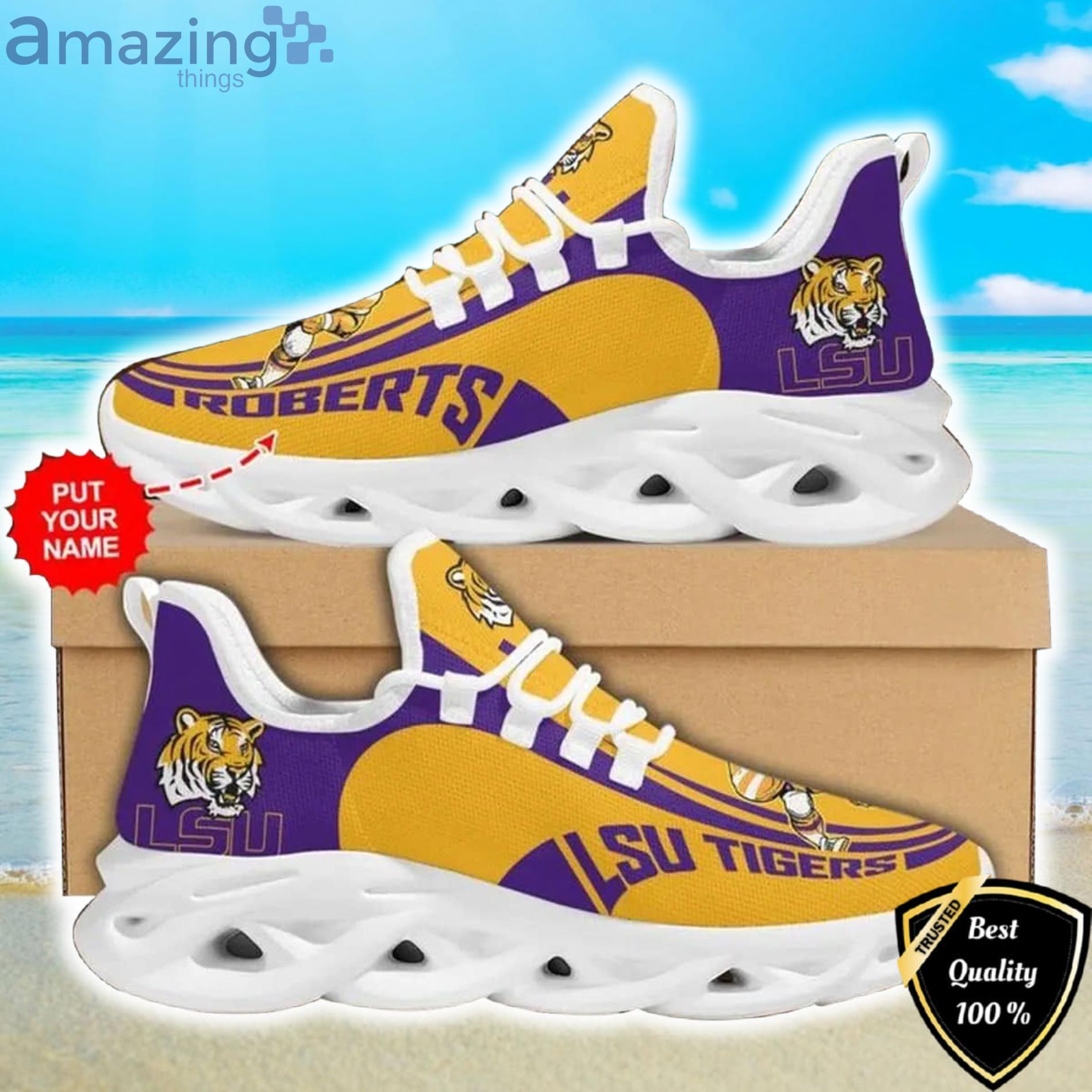 NCAA LSU Tigers Custom Name Gold Purple Max Soul Shoes Gift For Fans Sport Product Photo 1