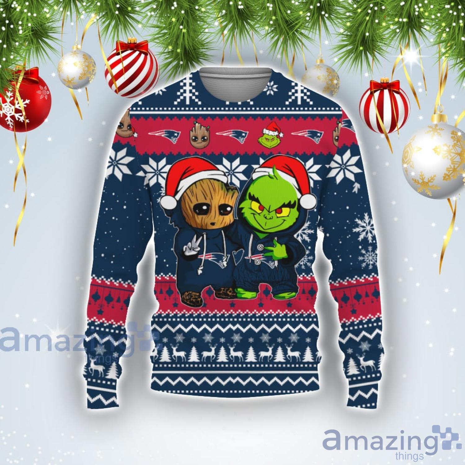 New England Patriots Baby Groot And Grinch Best Friends Football American Ugly Christmas Sweater Product Photo 1