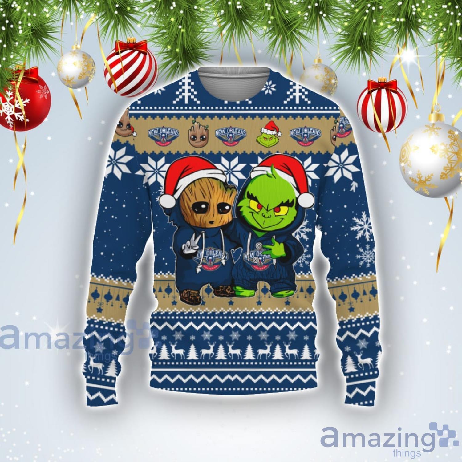 New Orlean Pelicans Baby Groot And Grinch Best Friends Football American Ugly Christmas Sweater Product Photo 1