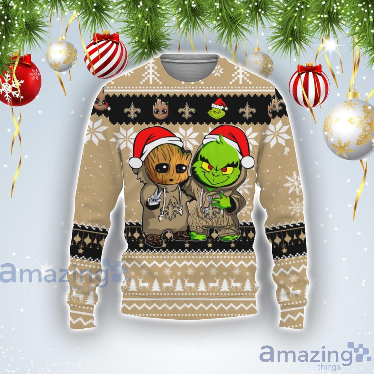 New Orleans Saints Baby Groot And Grinch Best Friends Football American Ugly Christmas Sweater Product Photo 1