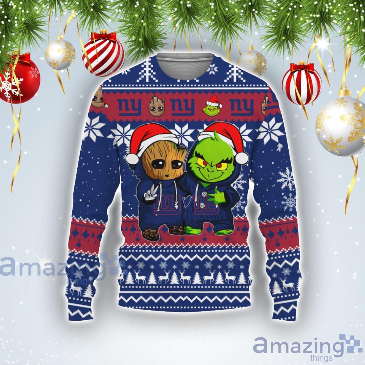 New York Giants Baby Groot And Grinch Best Friends Football American Ugly Christmas Sweater Product Photo 1