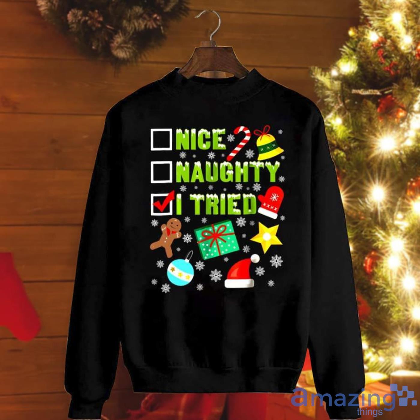 Nice Naughty I Tried Funny Bells Candy Cane Star Gift Snow Christmas Sweatshirt Product Photo 1
