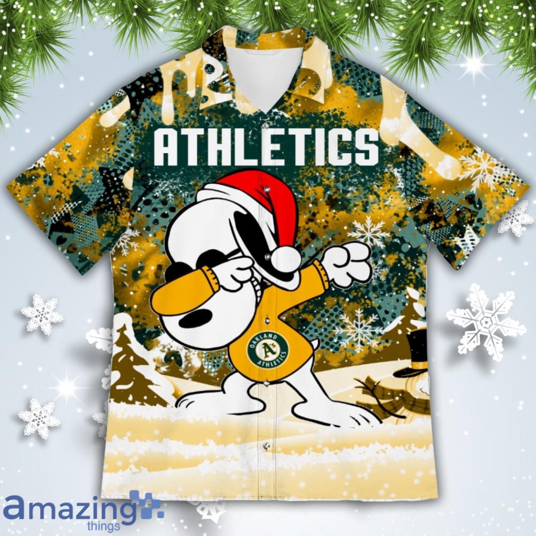 Oakland Athletics Snoopy Dabbing The Peanuts American Christmas Dripping Hawaiian Shirt image Oakland Athletics Snoopy Dabbing The Peanuts American Christmas Dripping Hawaiian Shirt Product Photo 2