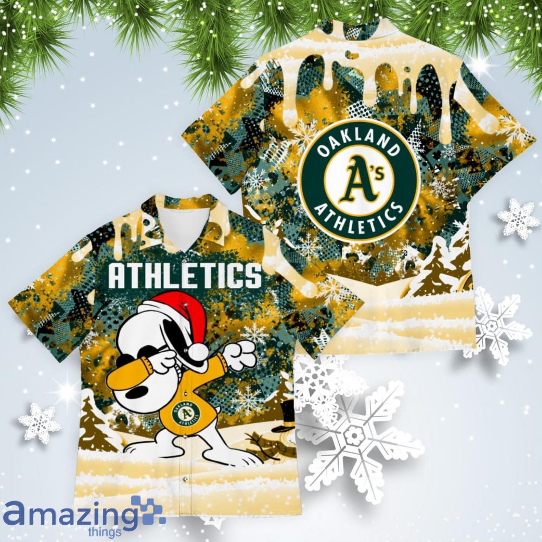 Oakland Athletics Snoopy Dabbing The Peanuts American Christmas Dripping Hawaiian Shirt Product Photo 1 Oakland Athletics Snoopy Dabbing The Peanuts American Christmas Dripping Hawaiian Shirt Product Photo 1
