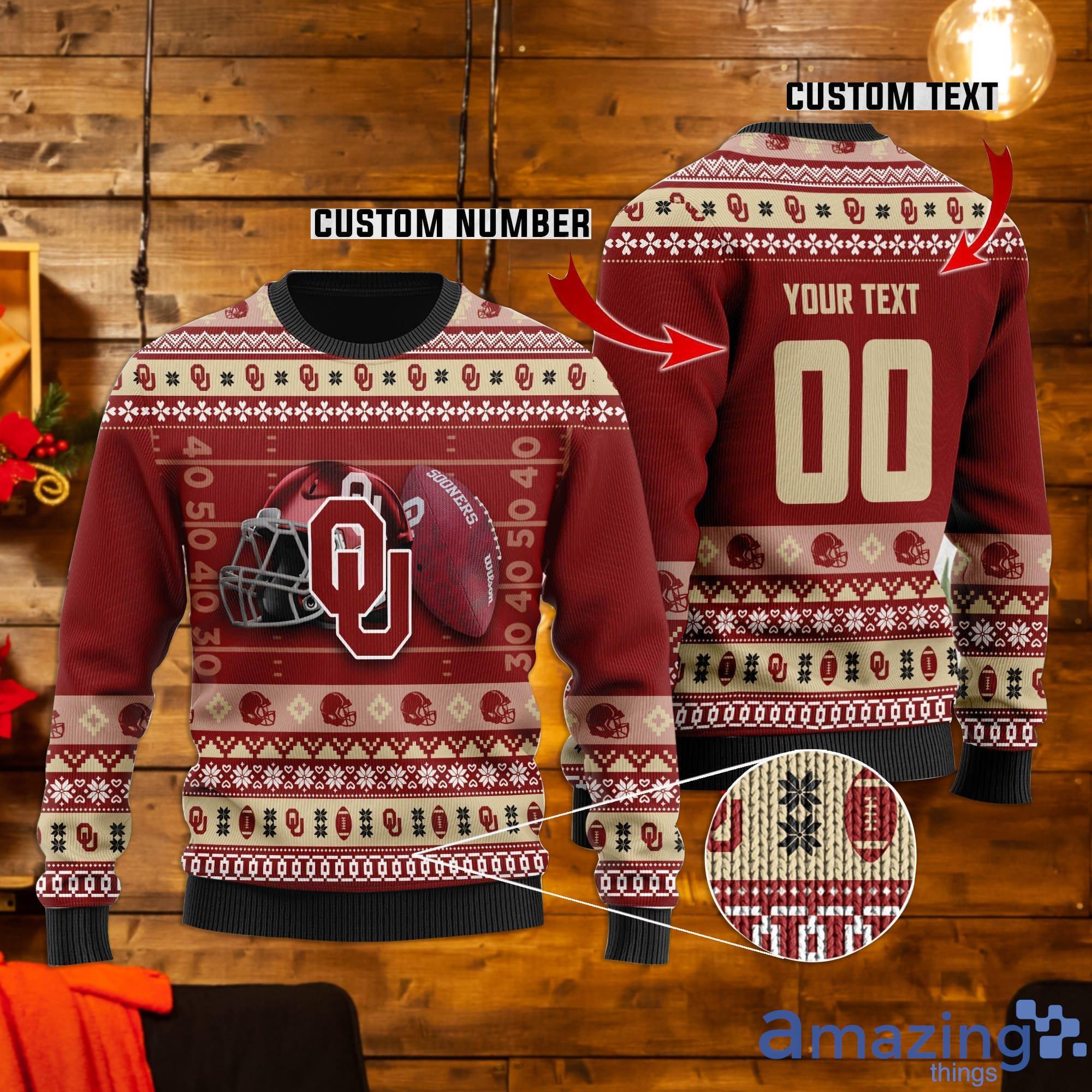 Oklahoma Sooners Custom Name & Number Ugly Christmas Sweater Product Photo 1 Oklahoma Sooners Custom Name & Number Ugly Christmas Sweater Product Photo 1