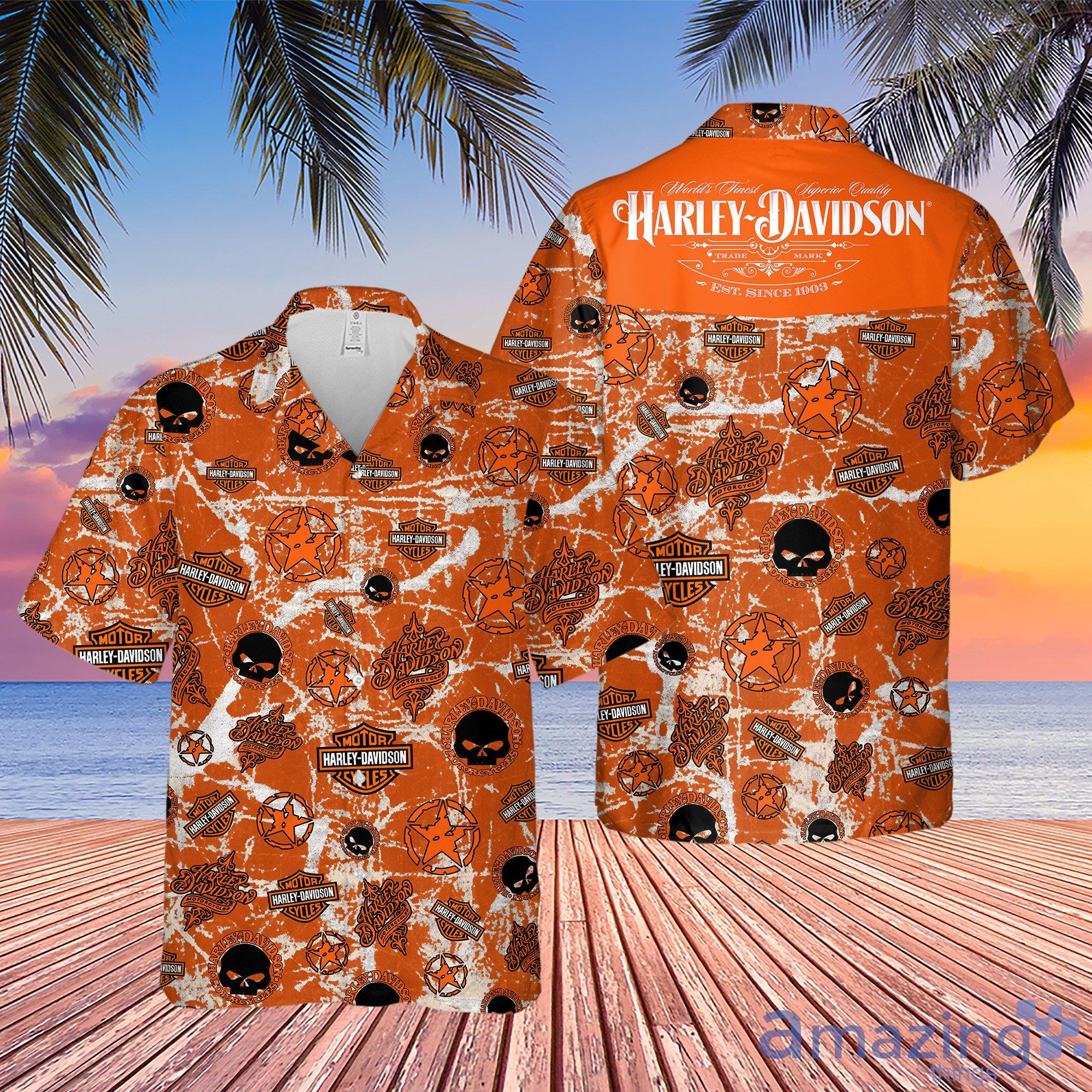 Orange Vintage Harley-Davidson Pattern Short Sleeves Hawaiian Shirt Product Photo 1