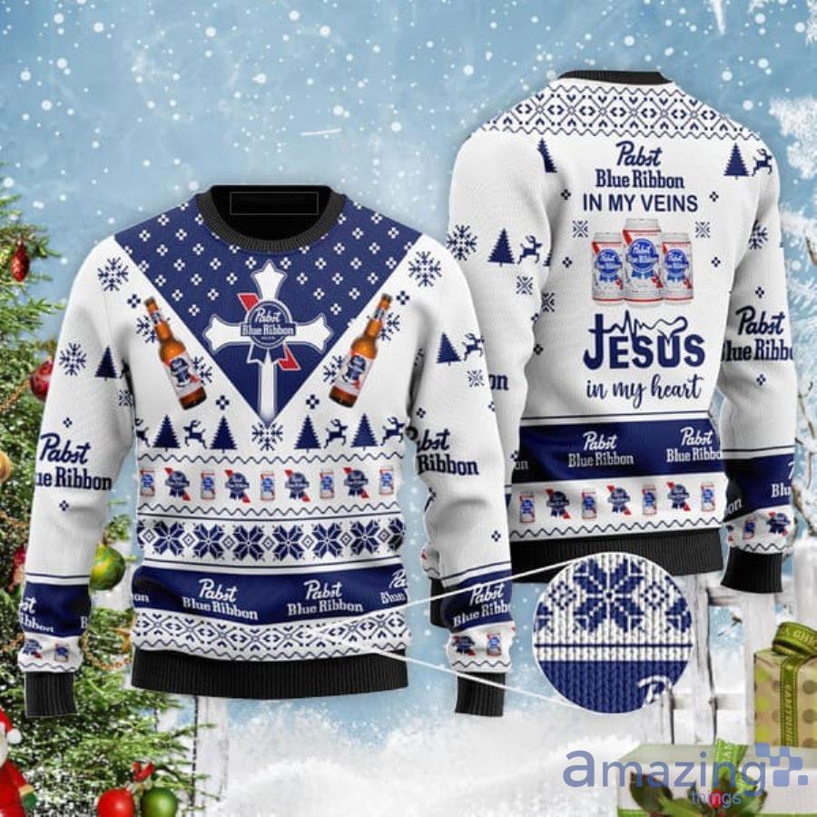 Pabst Blue Ribbon In My Veins Jesus In My HeartChristmas Gift Ugly Sweater Product Photo 1