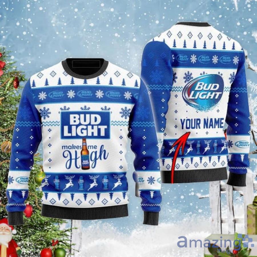 Personalized Name Bud Light Makes Me High Christmas Gift Ugly Sweater Product Photo 1