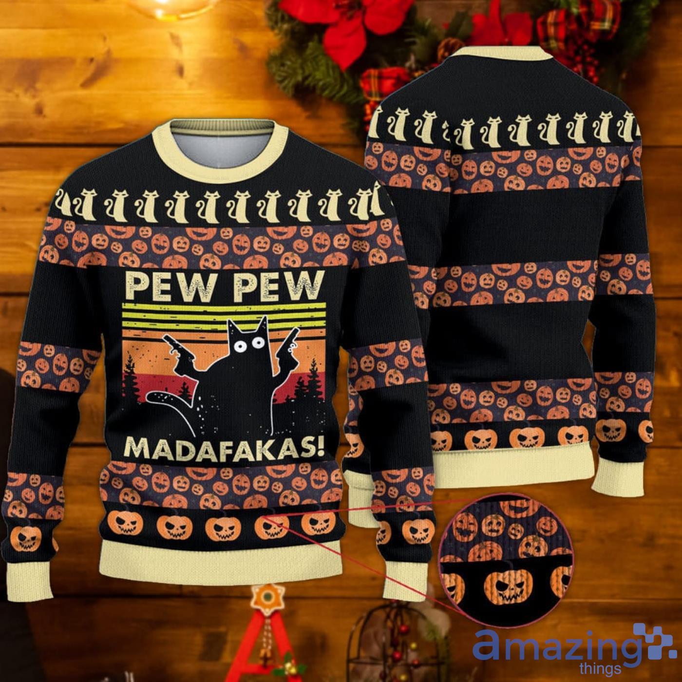 Pew Pew Madafakas Vintage Funny Sweater Pew Madafaka Black Cat Pew Pew Sweater Product Photo 1