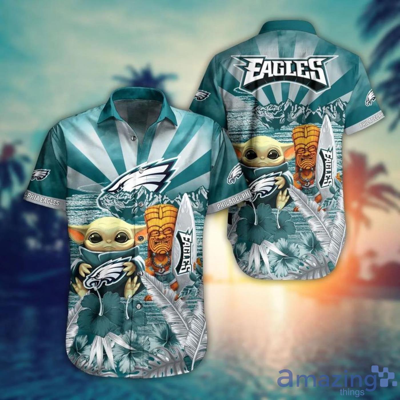Philadelphia Eagles NFL Baby Yoda Hug Logo Short Sleeves Hawaiian Shirt Product Photo 1