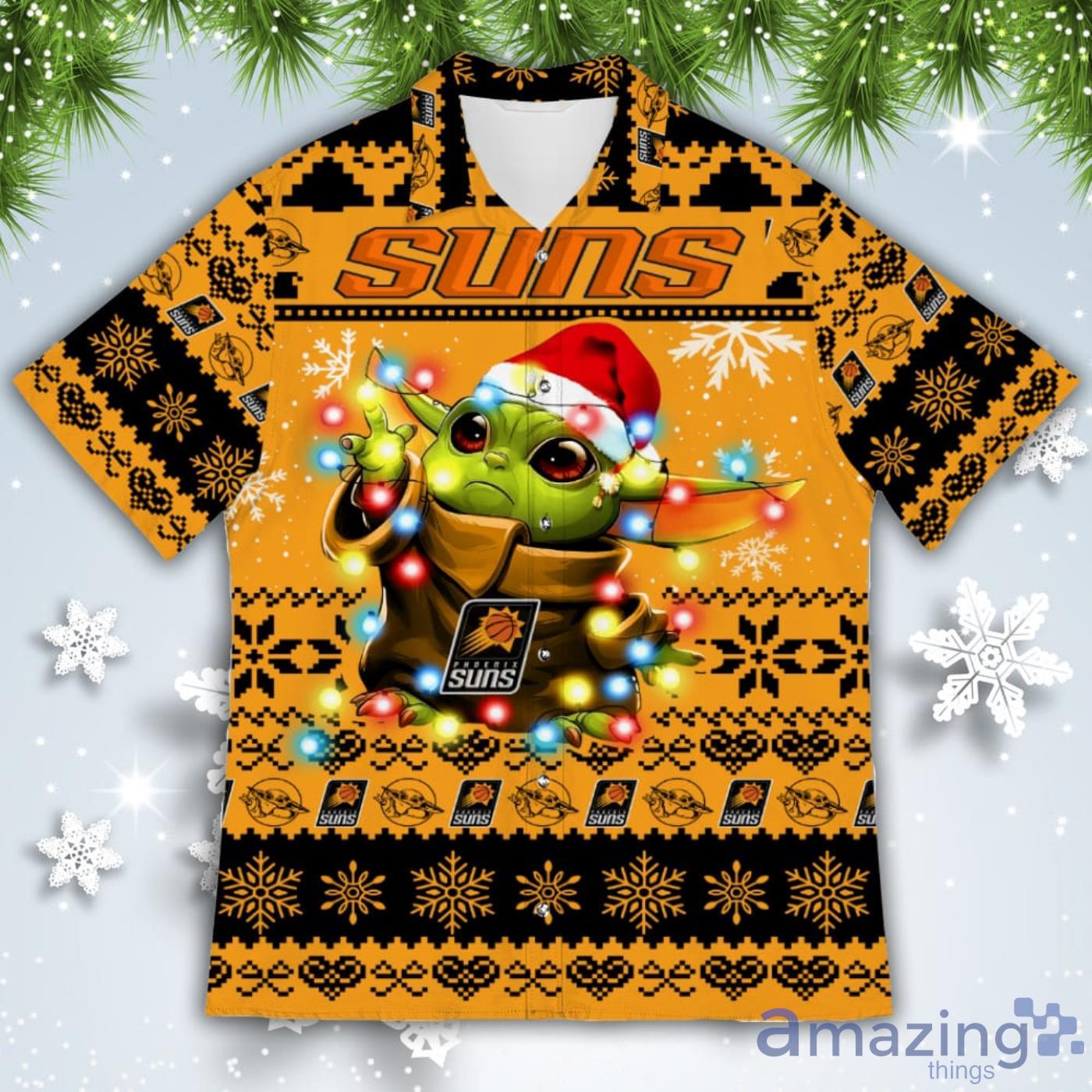 Phoenix Suns Baby Yoda Star Wars American Ugly Christmas Sweater Pattern Hawaiian Shirt image Phoenix Suns Baby Yoda Star Wars American Ugly Christmas Sweater Pattern Hawaiian Shirt Product Photo 2
