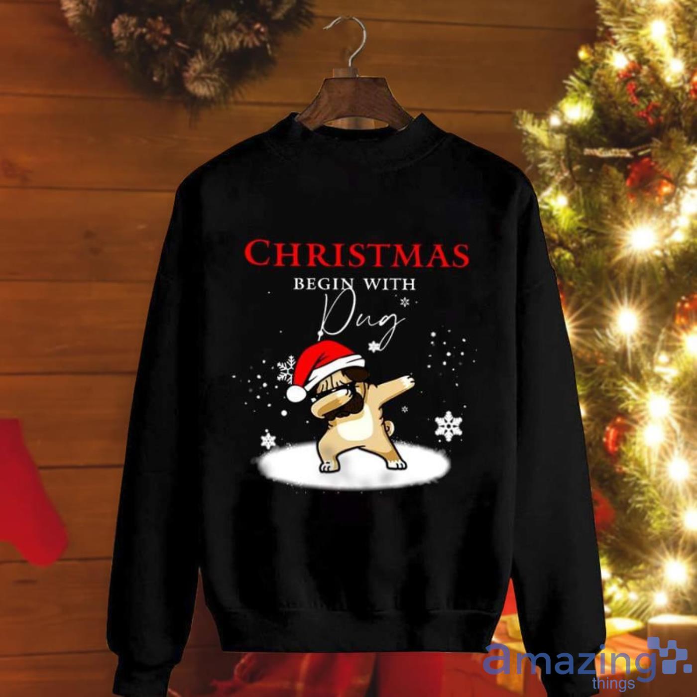 Pug Dog Dabbing Christmas Begin With Pug Snowing Santa Hat Christmas Sweatshirt Product Photo 1