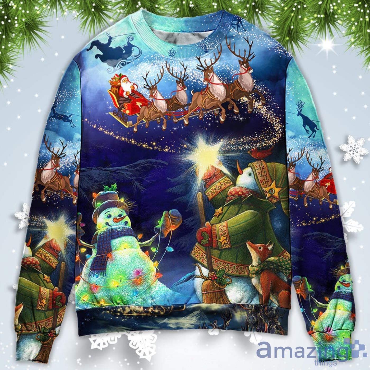 Rudolph Santa Claus Reindeer Snowman Light Art Style Christmas Sweatshirt Sweater Product Photo 1