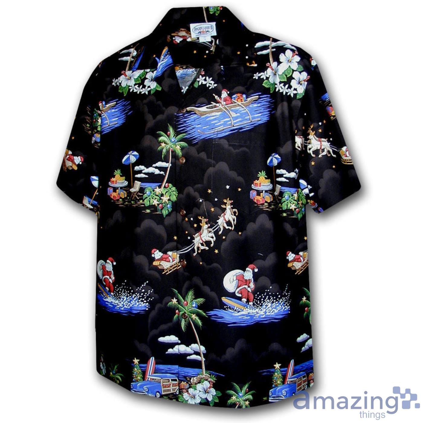 Santa Arrives in Hawaii Black Aloha Short Sleeves Hawaiian Shirt Product Photo 1