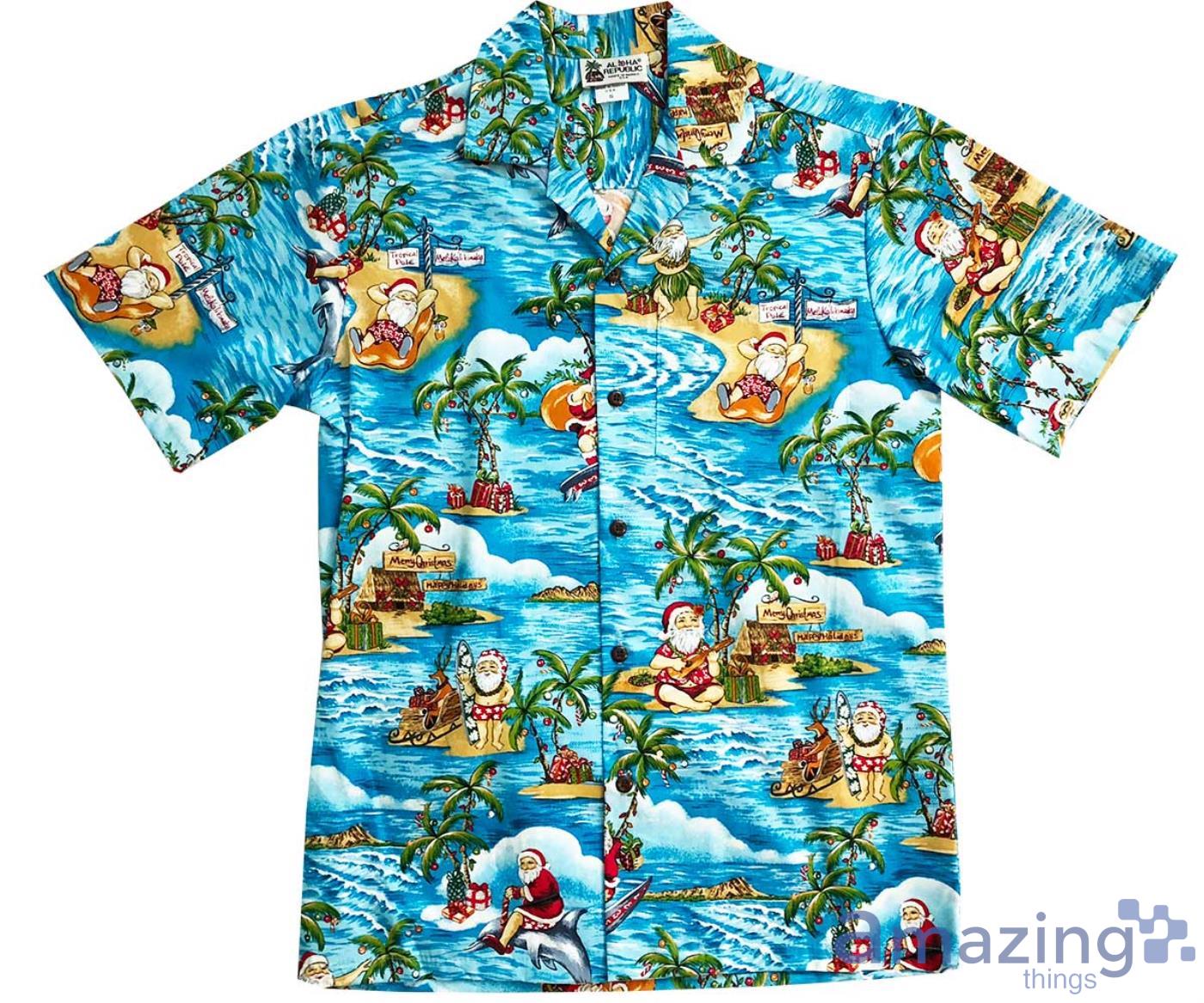 Santa Goes to Hawaii Beach Blue Aloha Short Sleeves Hawaiian Shirt Product Photo 1