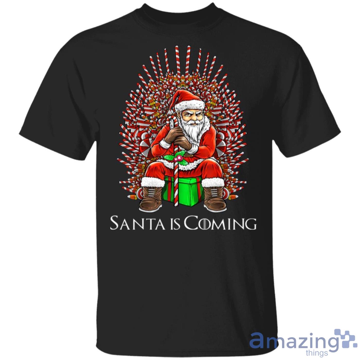 Santa Is Coming Santa Sitting Candy Cane Throne Funny Christmas Parody Sweatshirt Product Photo 1