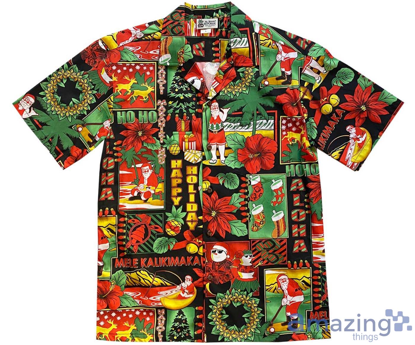 Santa Merry Christmas Traditions Pattern Black Short Sleeves Hawaiian Shirt Product Photo 1
