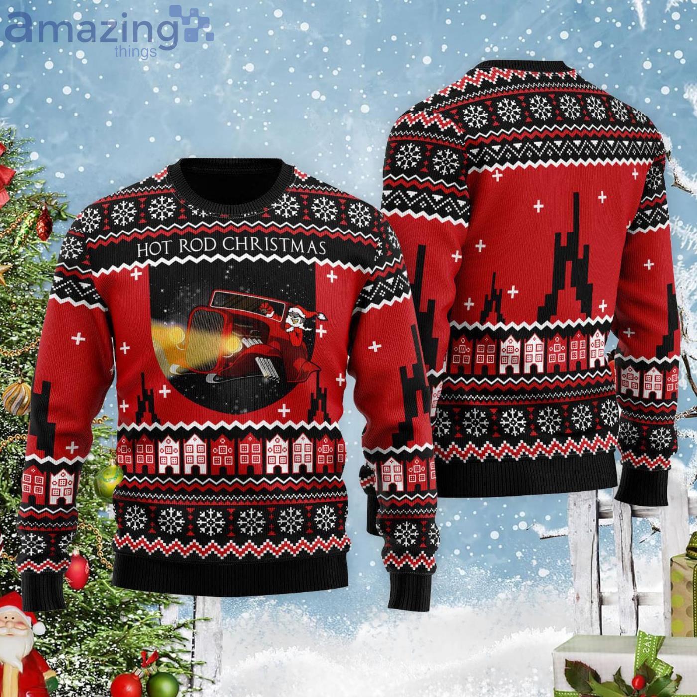 Santa Riding Hot Rod Christmas Gift Ugly Christmas Sweater Product Photo 1