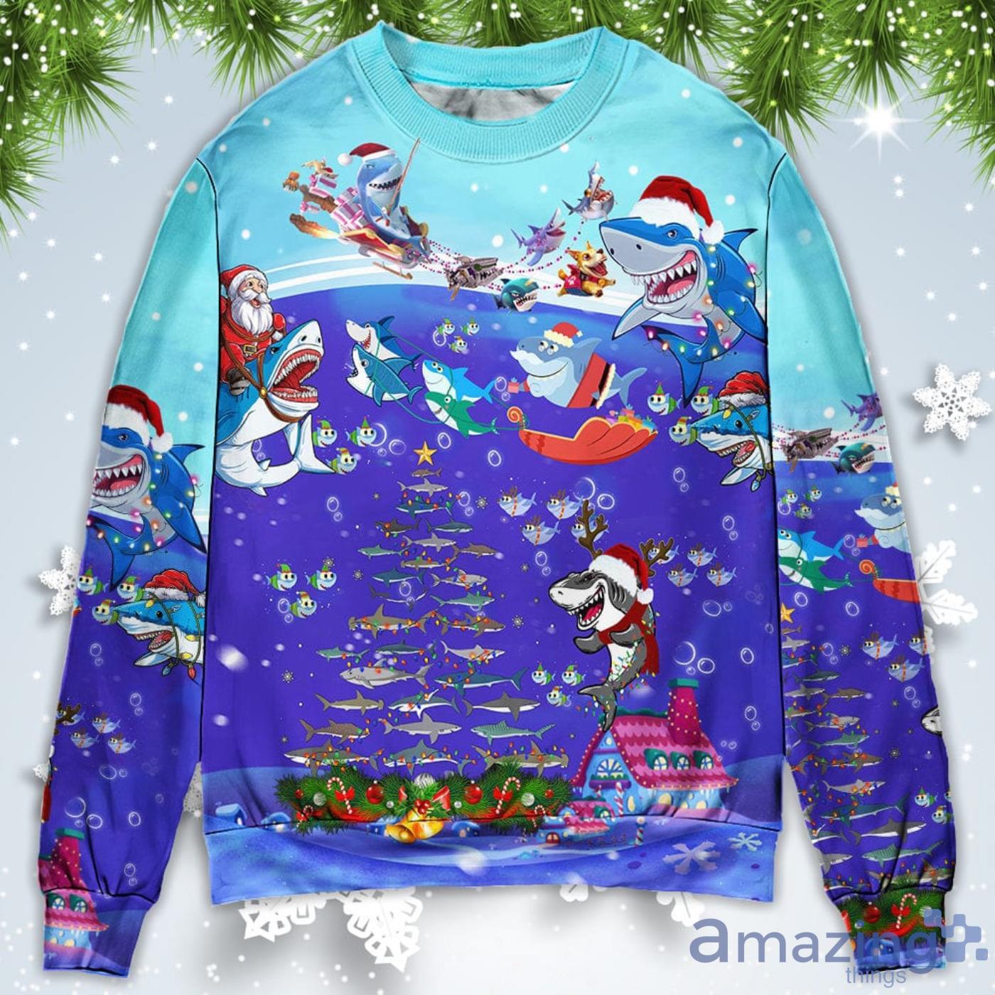 Santa Shark Sits On Rockets And Brings Gifts To Ocean Christmas Sweatshirt Sweater Product Photo 1