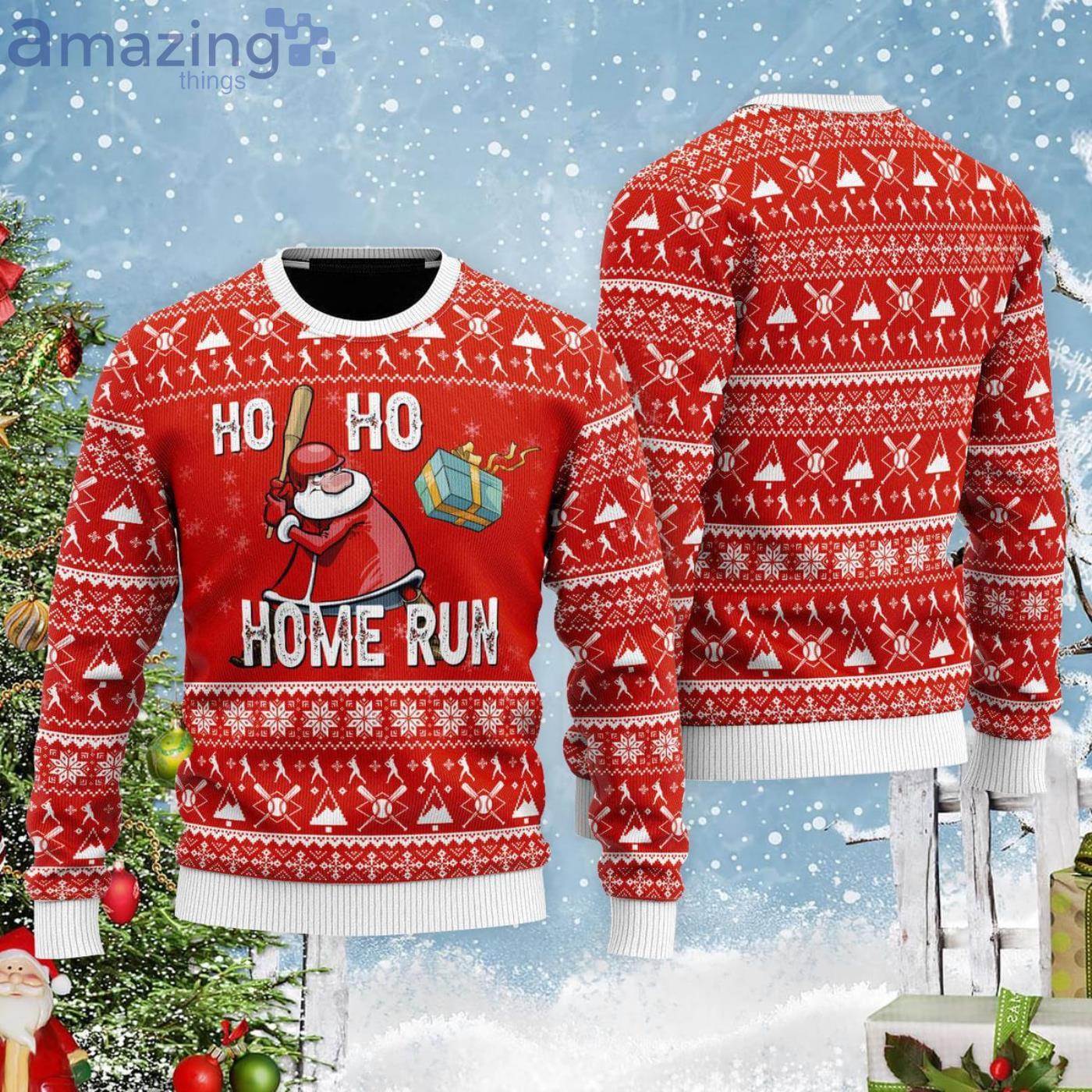 Santa With Baseball Ho Ho Homerun Ugly Christmas Sweater Product Photo 1
