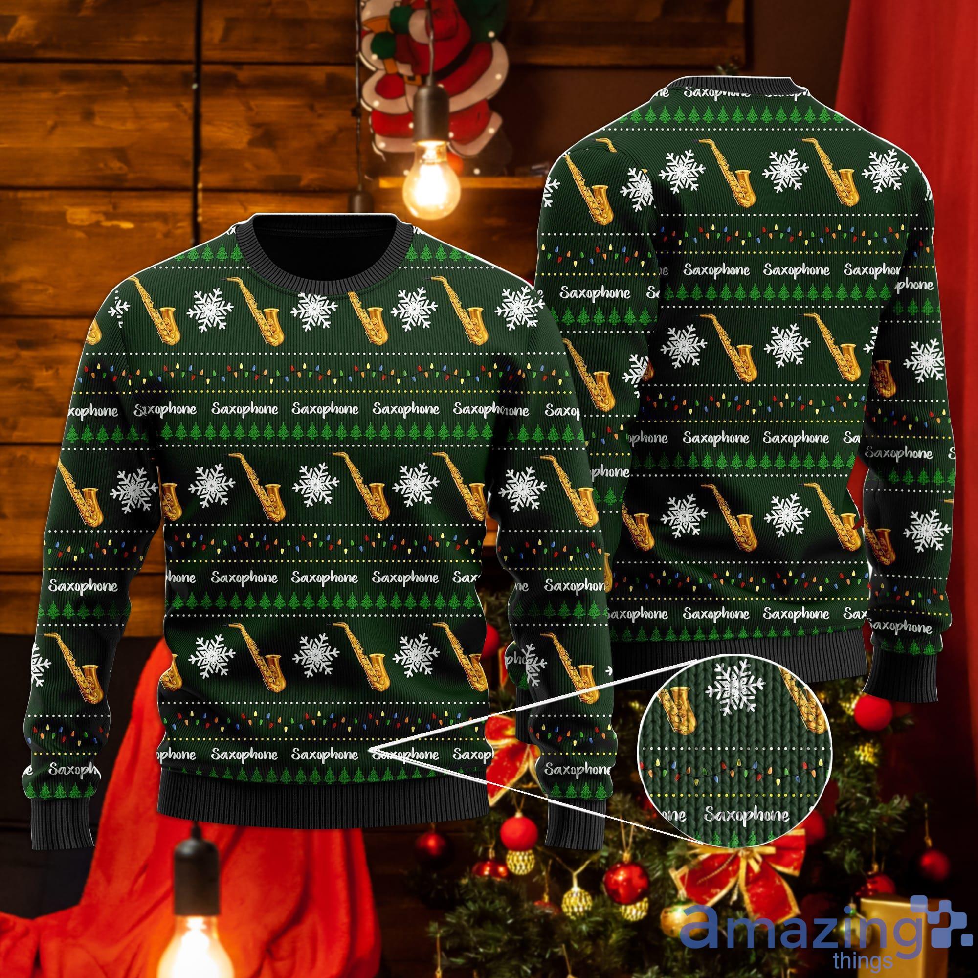 Saxophone Snowflakes Image Noel Pattern Ugly Christmas Sweater Product Photo 1
