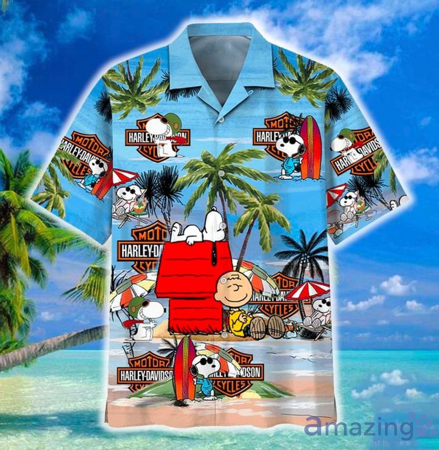 Snoopy Dog Harley Davidson And Beach Short Sleeves Hawaiian Shirt Product Photo 1