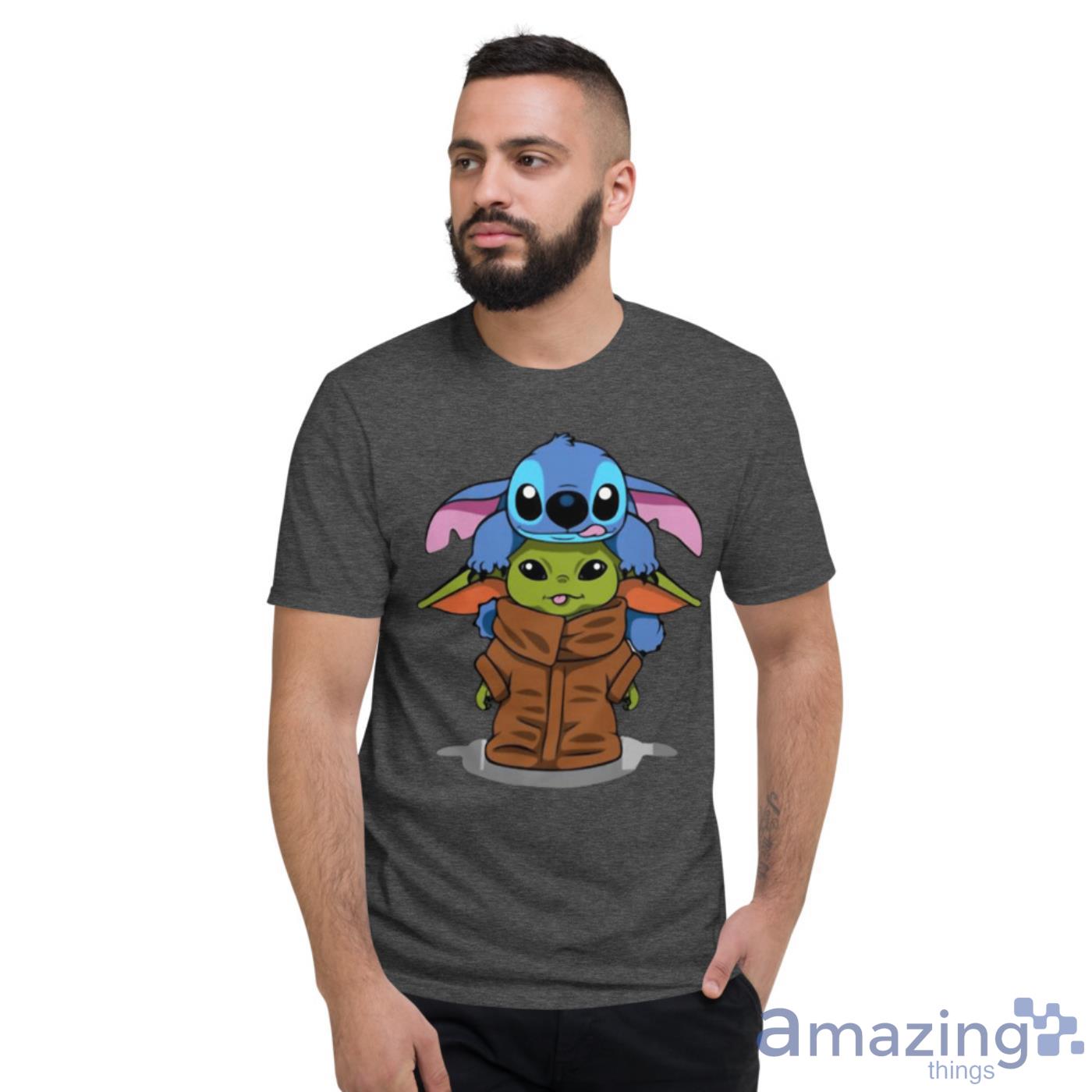 Stitch Climbing On Baby Yoda Disney Star Wars Shirts