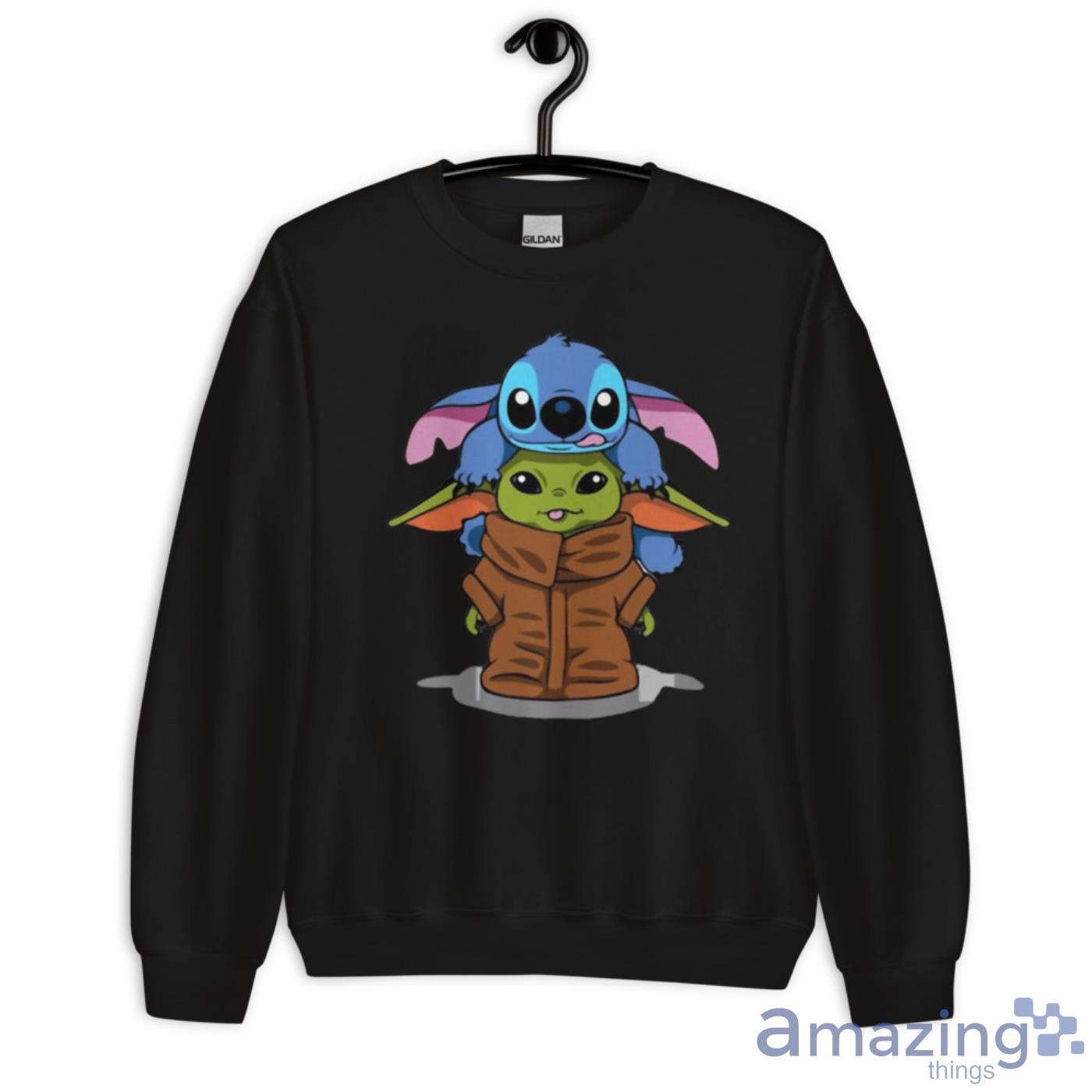 Stitch Climbing On Baby Yoda Disney Star Wars Shirts