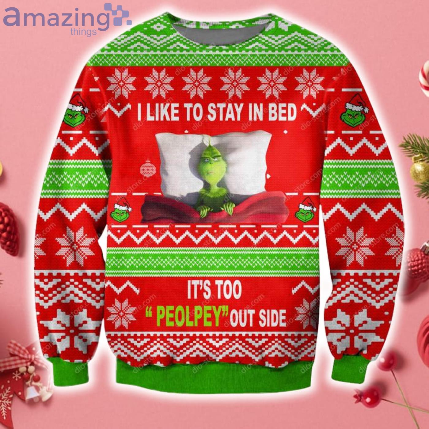 The Grinch I Like To Stay In Bed 3D Christmas Knitting Pattern Ugly Sweater Sweatshirt Product Photo 1