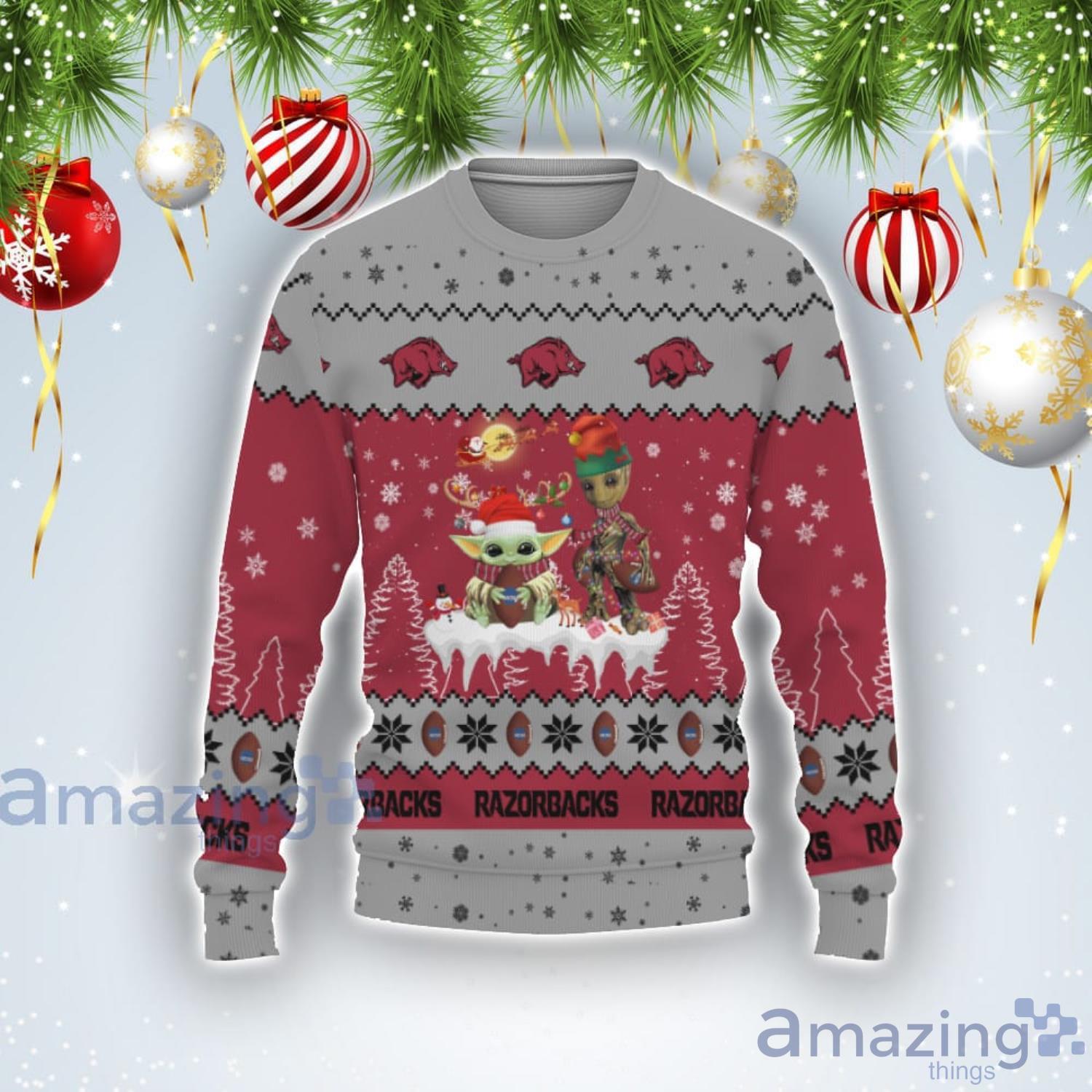 Tis The Season Christmas 2022 Baby Yoda Groot Cute Gift Arkansas Razorbacks Ugly Christmas Sweater Product Photo 1