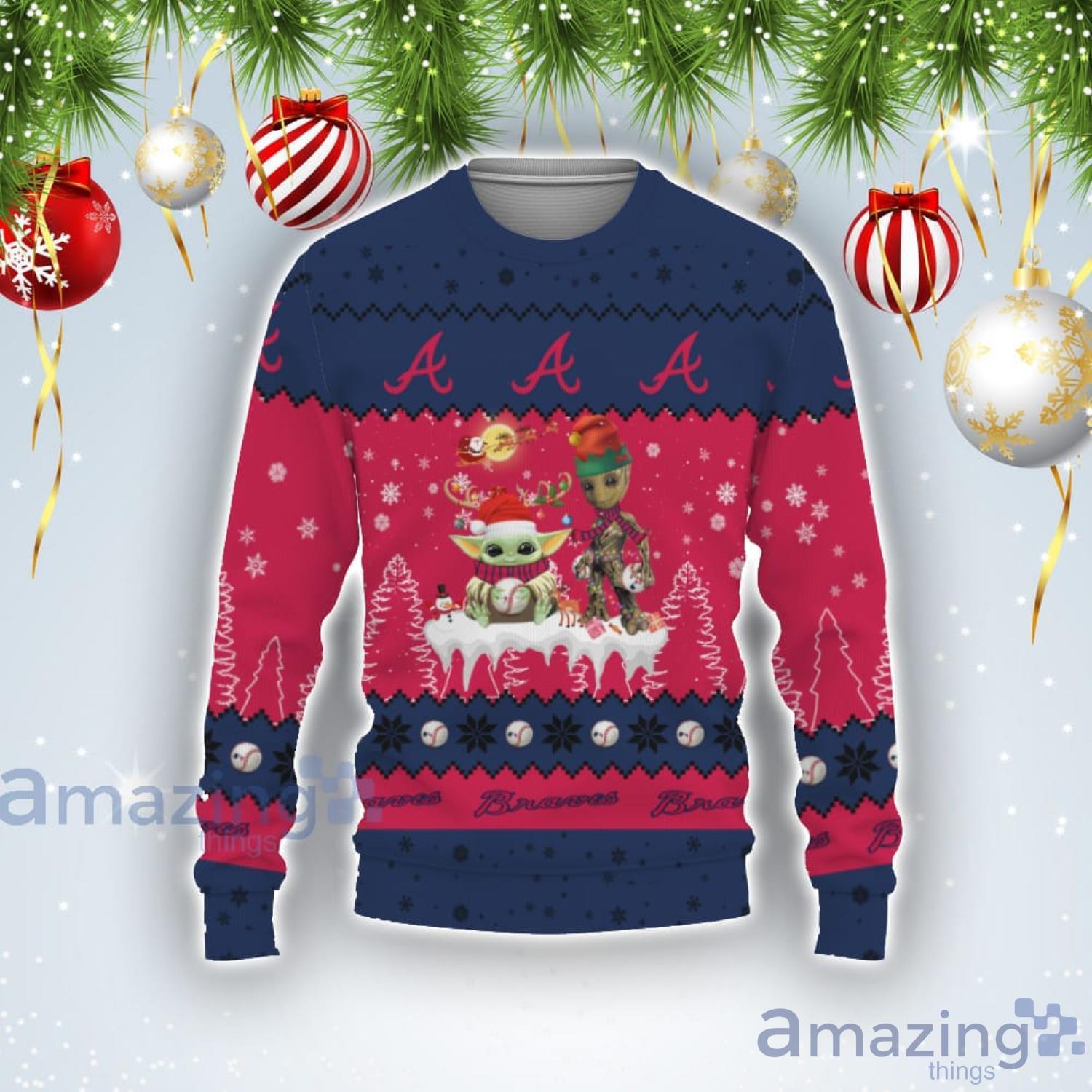 Tis The Season Christmas 2022 Baby Yoda Groot Cute Gift Atlanta Braves Ugly Christmas Sweater Product Photo 1