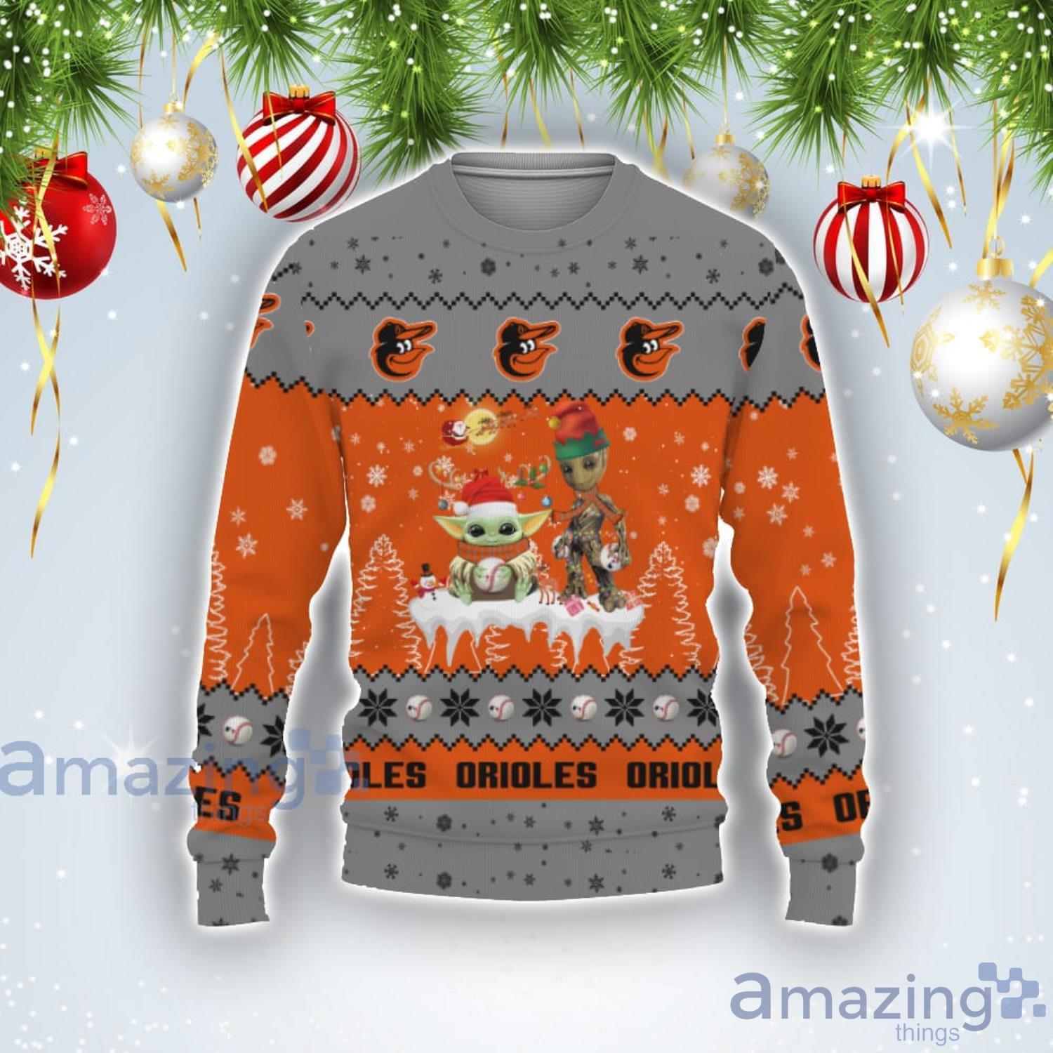 Tis The Season Christmas 2022 Baby Yoda Groot Cute Gift Baltimore Orioles Ugly Christmas Sweater Product Photo 1