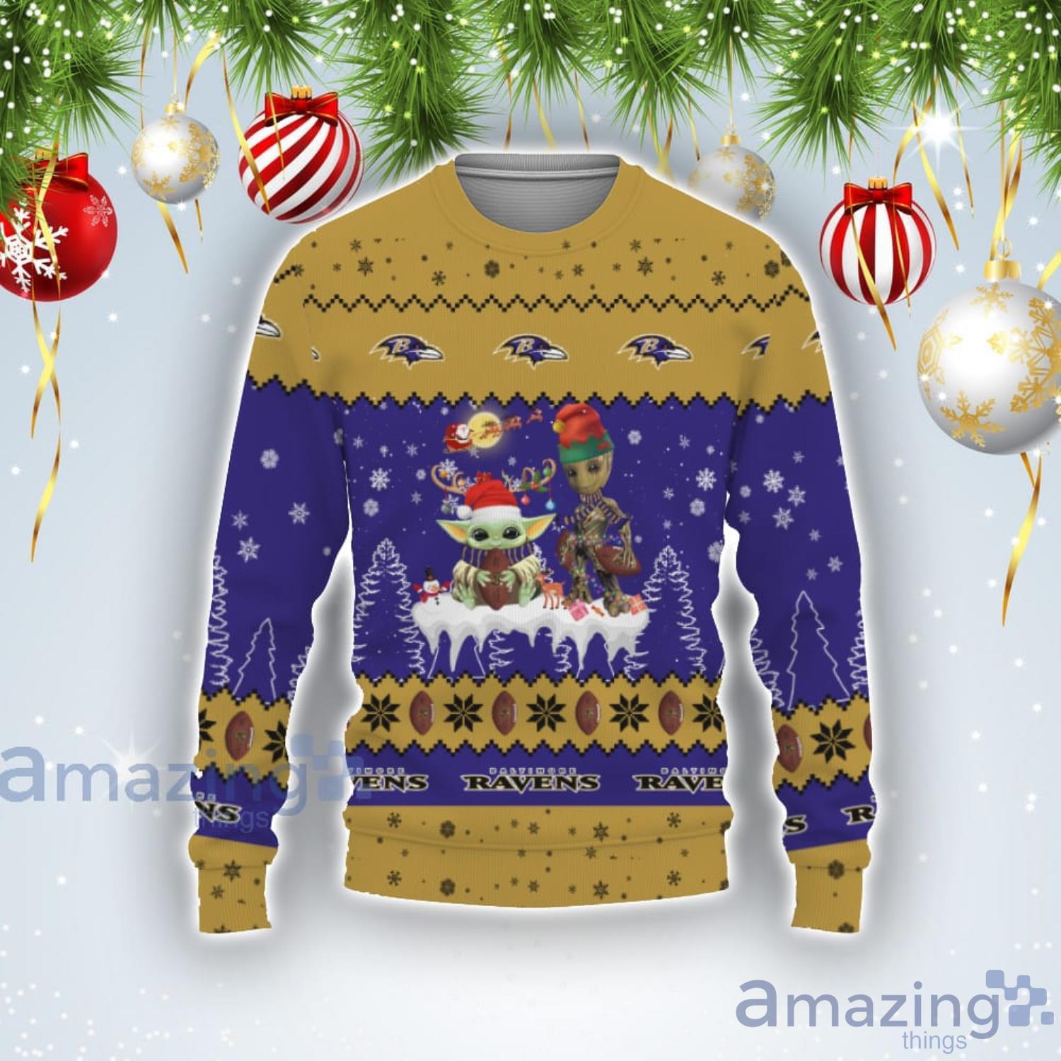 Tis The Season Christmas 2022 Baby Yoda Groot Cute Gift Baltimore Ravens Ugly Christmas Sweater Product Photo 1