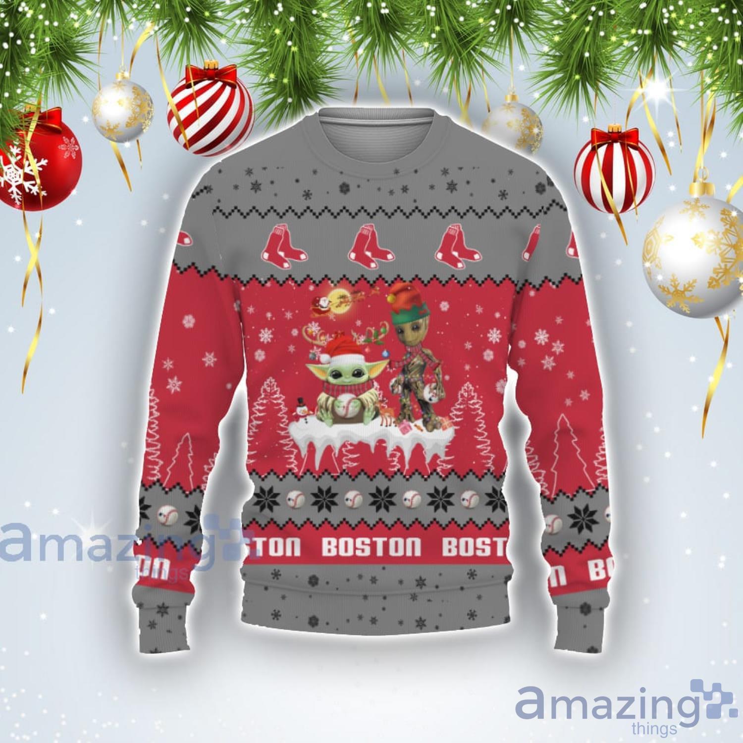 Tis The Season Christmas 2022 Baby Yoda Groot Cute Gift Boston Red Sox Ugly Christmas Sweater Product Photo 1