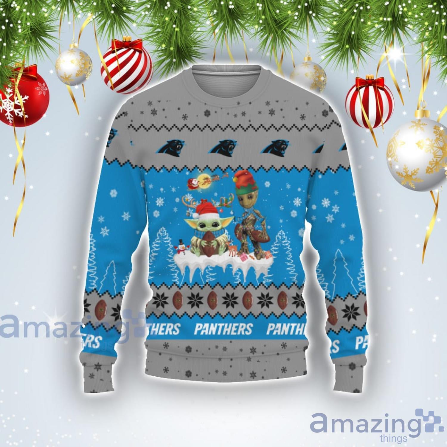 Tis The Season Christmas 2022 Baby Yoda Groot Cute Gift Carolina Panthers Ugly Christmas Sweater Product Photo 1