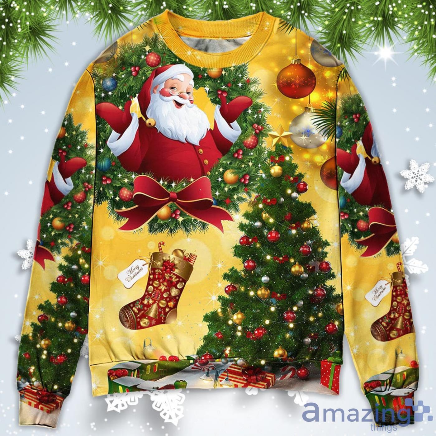 Tree Yellow Santa Claus Christmas Sweatshirt Sweater Product Photo 1