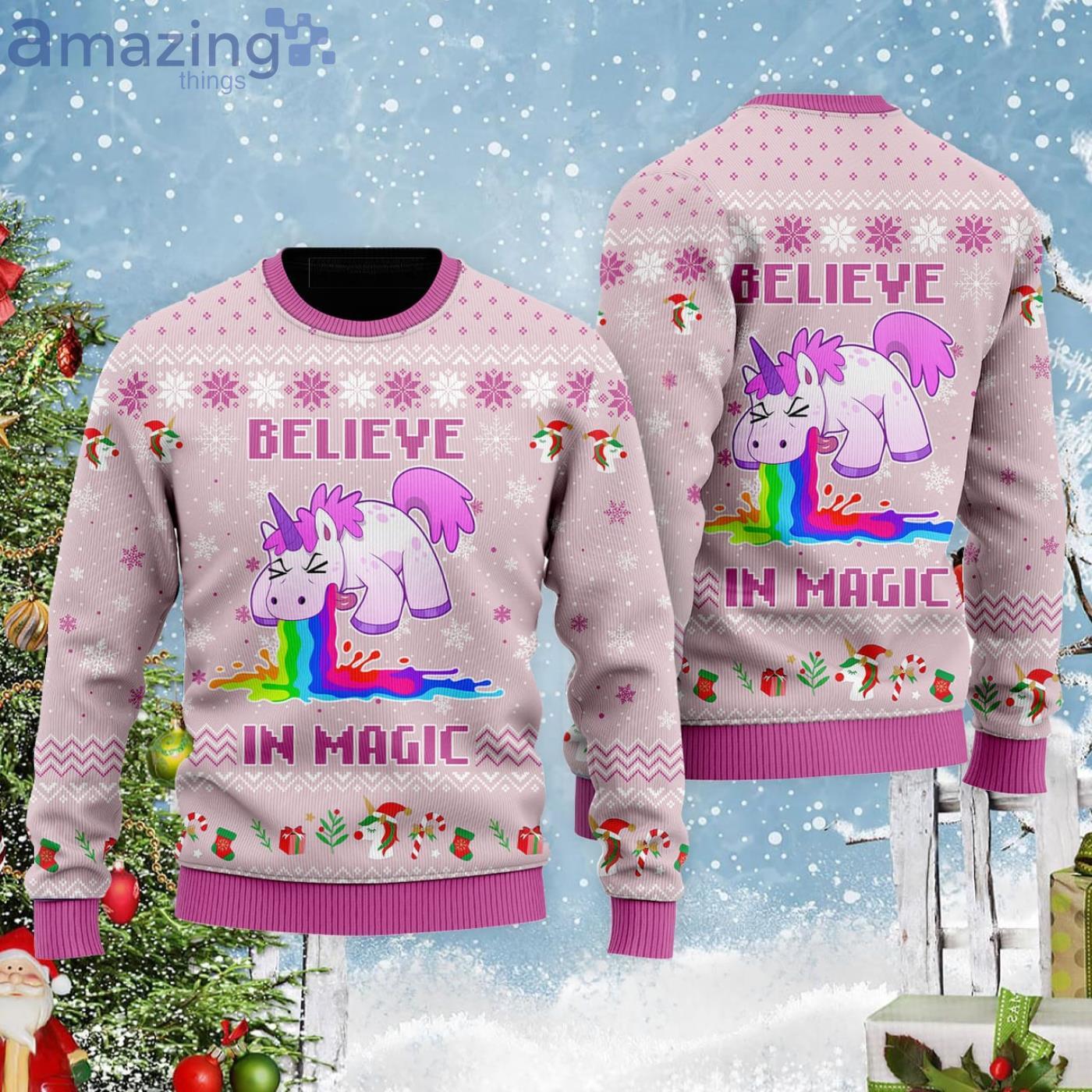 Unicorn Believe In Magic Christmas Gift Ugly Christmas Sweater Product Photo 1