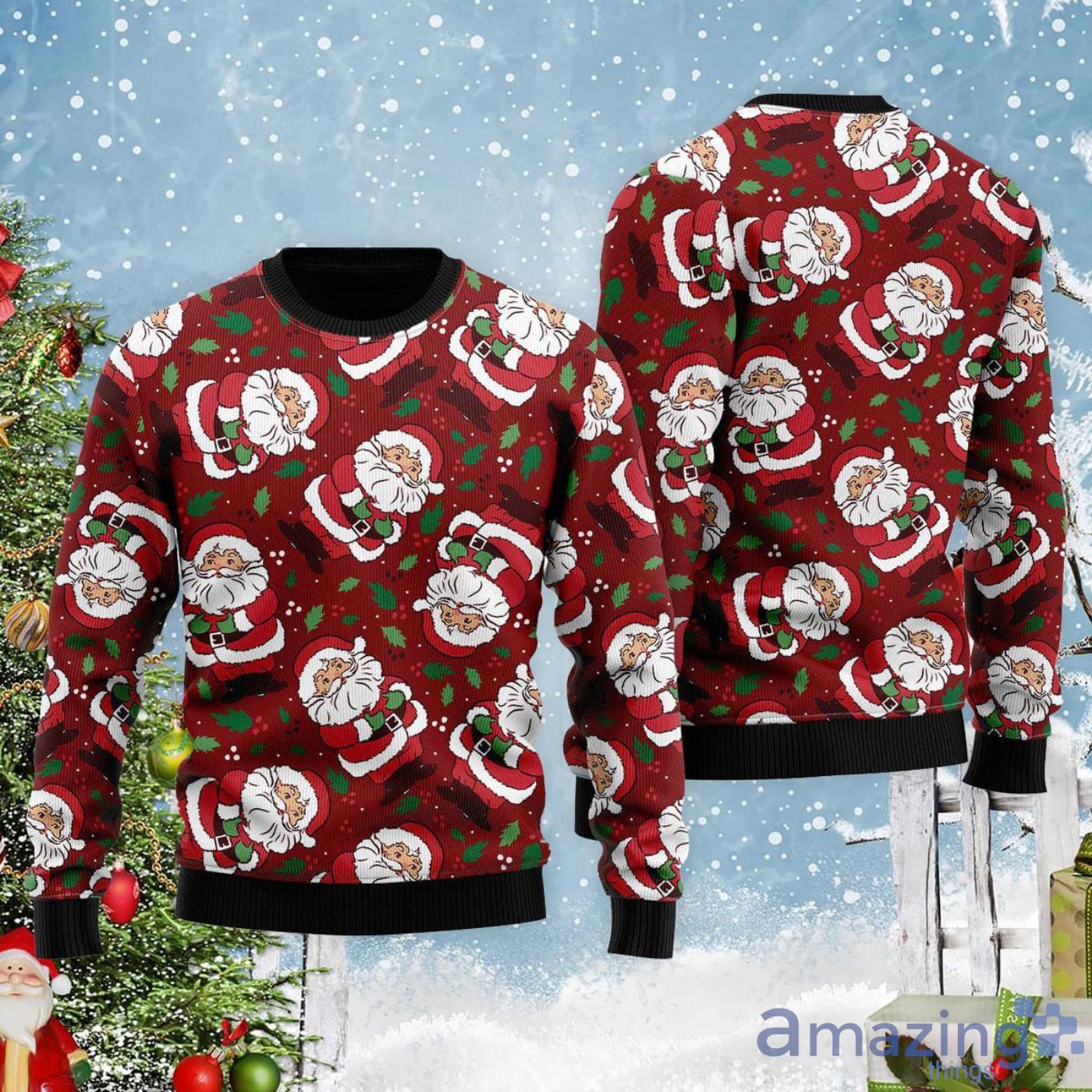 Vintage Santa Claus Ditsy Holly Pattern All Over Print Ugly Christmas Sweater Product Photo 1