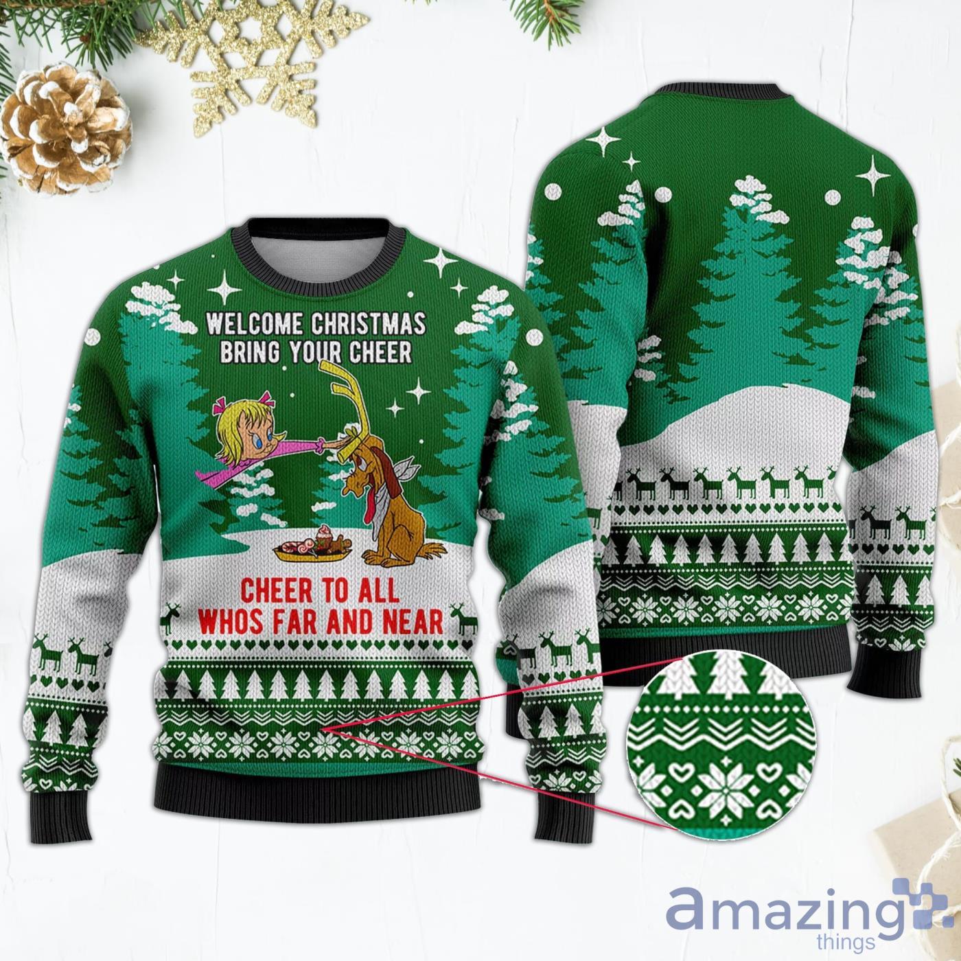 Welcome Christmas Bring Your Cheer Cheer Akk Whos Far And Near Green Ugly Christmas Sweater Product Photo 1 Welcome Christmas Bring Your Cheer Cheer Akk Whos Far And Near Green Ugly Christmas Sweater Product Photo 1
