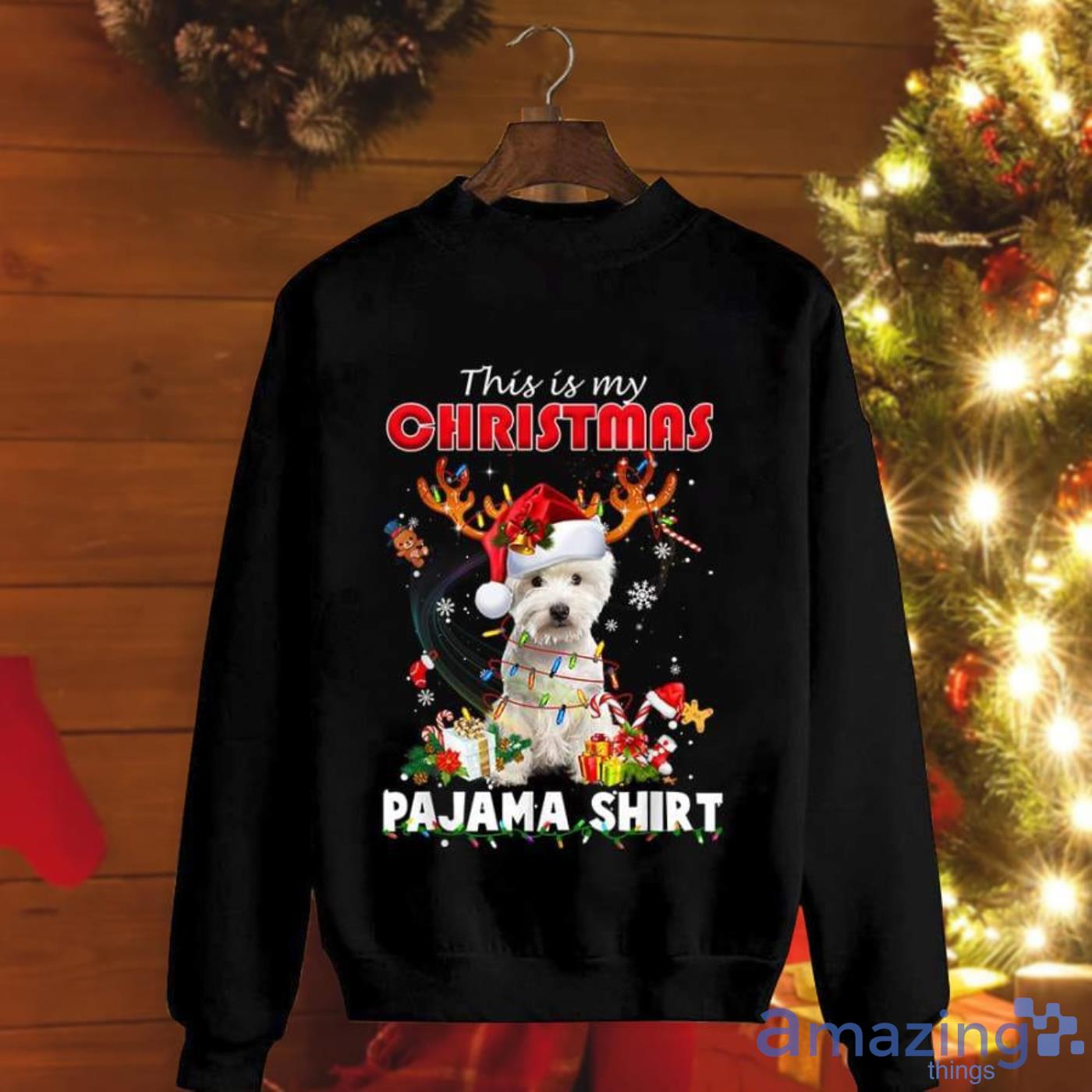 White Terrier Dog Pajama Cute Dog Wearing Santa Hat Christmas Sweatshirt Product Photo 1