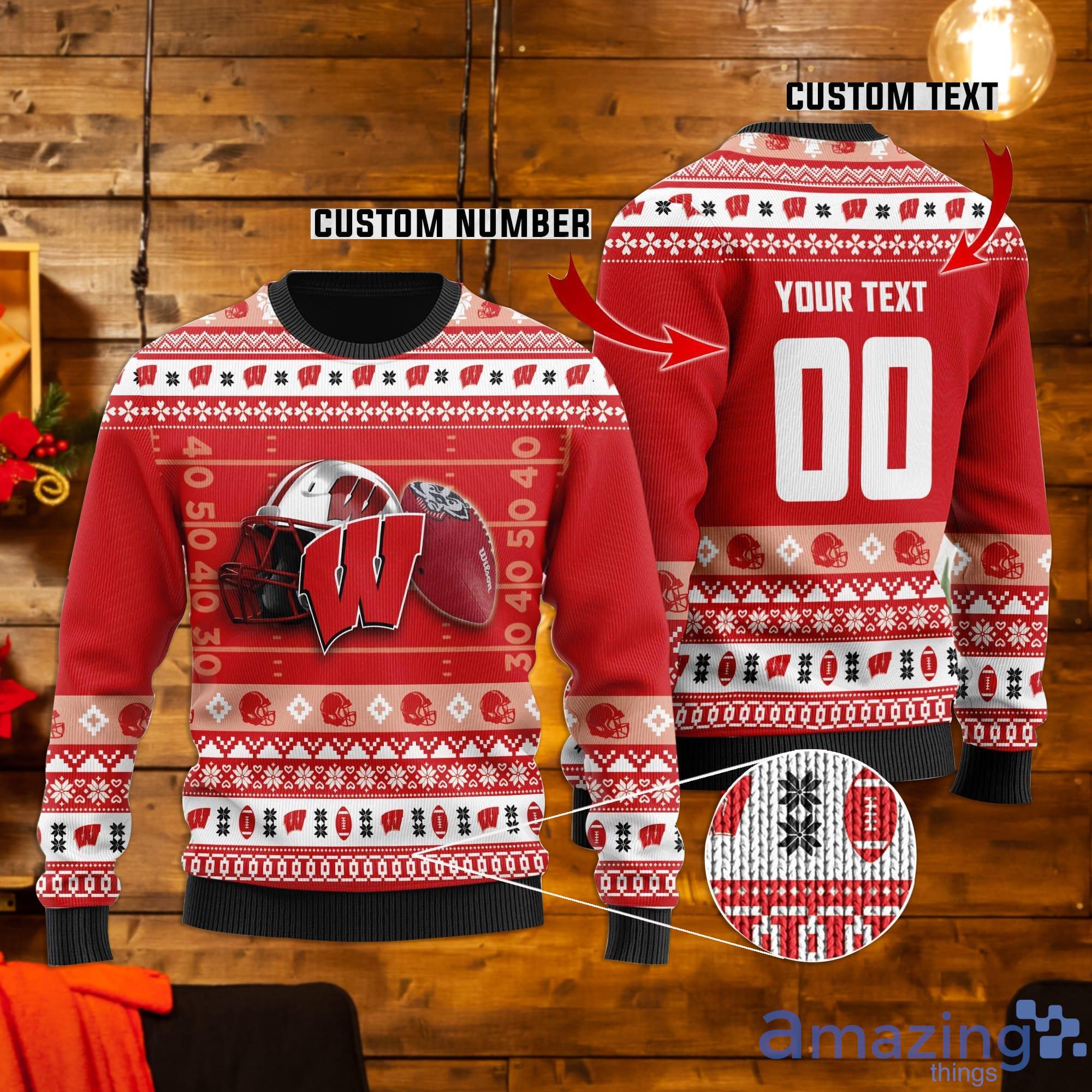 Wisconsin Badgers Custom Name & Number Ugly Christmas Sweater Product Photo 1 Wisconsin Badgers Custom Name & Number Ugly Christmas Sweater Product Photo 1