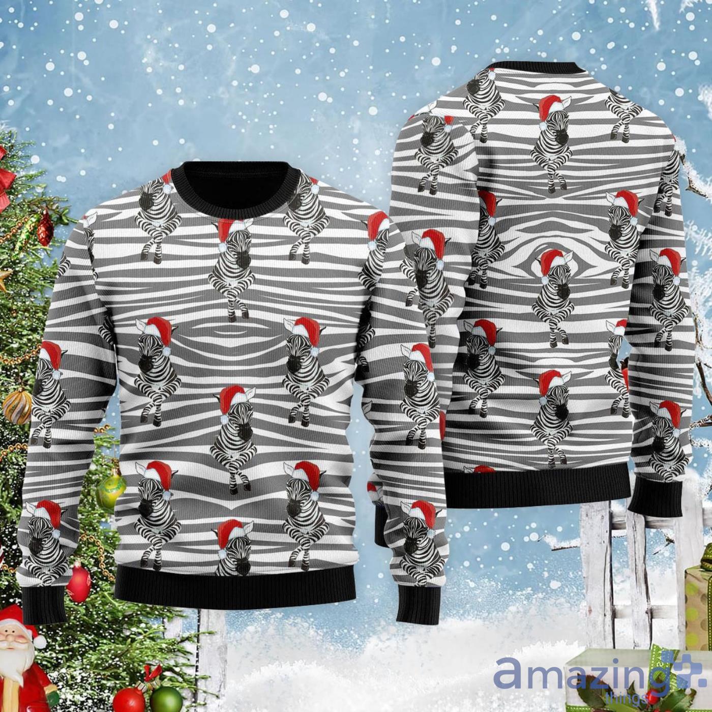 Zebra Wearing Santa Hats Ugly Christmas Sweater Product Photo 1