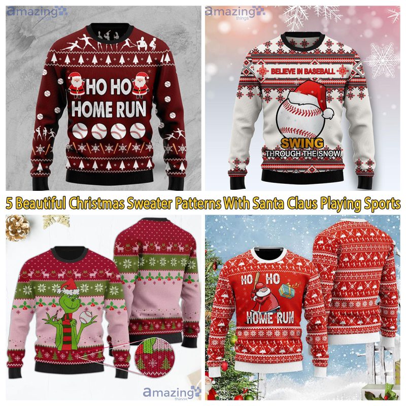 5 Beautiful Christmas Sweater Patterns With Santa Claus Playing Sports