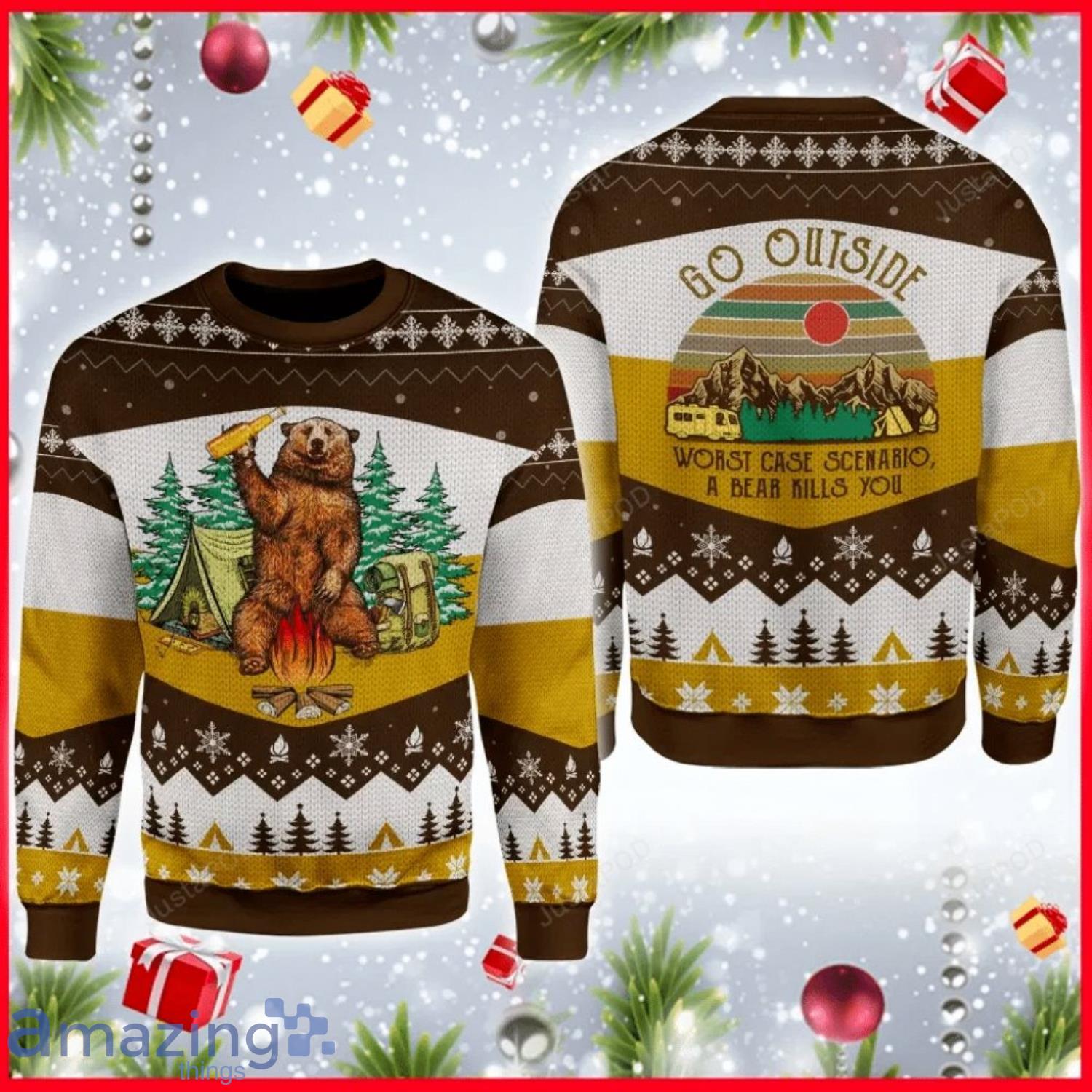 A Bear With Beer Vintage Camping Merry Christmas Full Print Ugly Sweater Product Photo 1