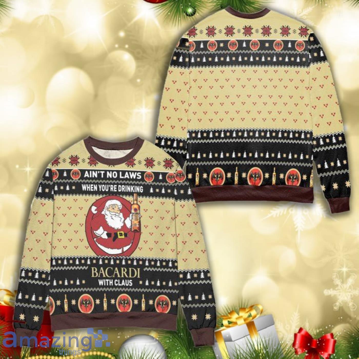 Aint No Laws When Youre Drinking Bacardi With Claus All Over Print 3D Ugly Christmas Sweater Product Photo 1