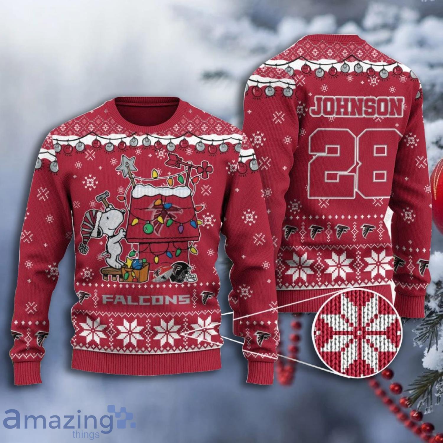 Atlanta Falcons Snoopy Custom Name And Number Red Ugly Christmas Sweater Product Photo 1