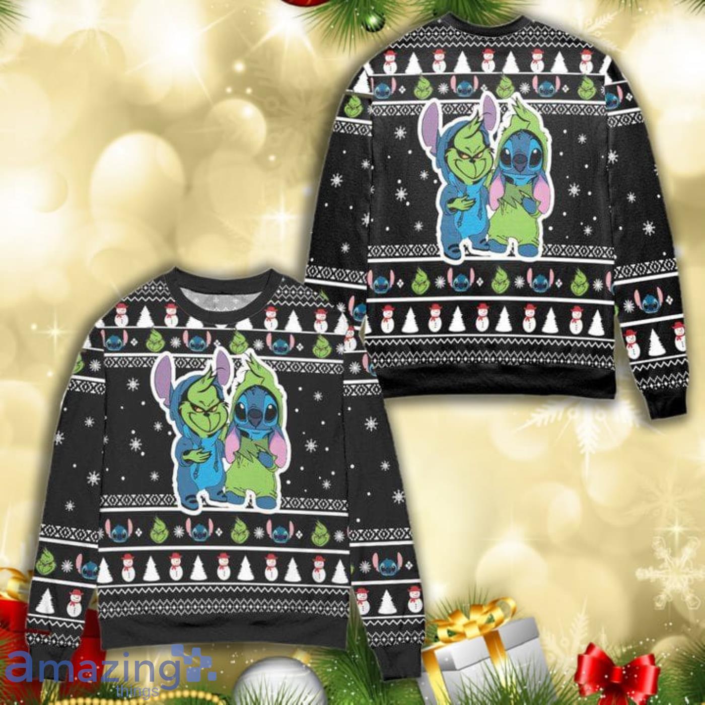 Baby Grinch And Stitch Snowman Pattern Claus All Over Print 3D Ugly Christmas Sweater Product Photo 1