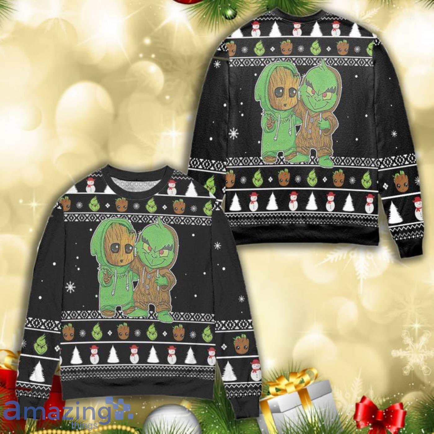 Baby Groot And Grinch Best Friends All Over Print 3D Ugly Christmas Sweater Product Photo 1